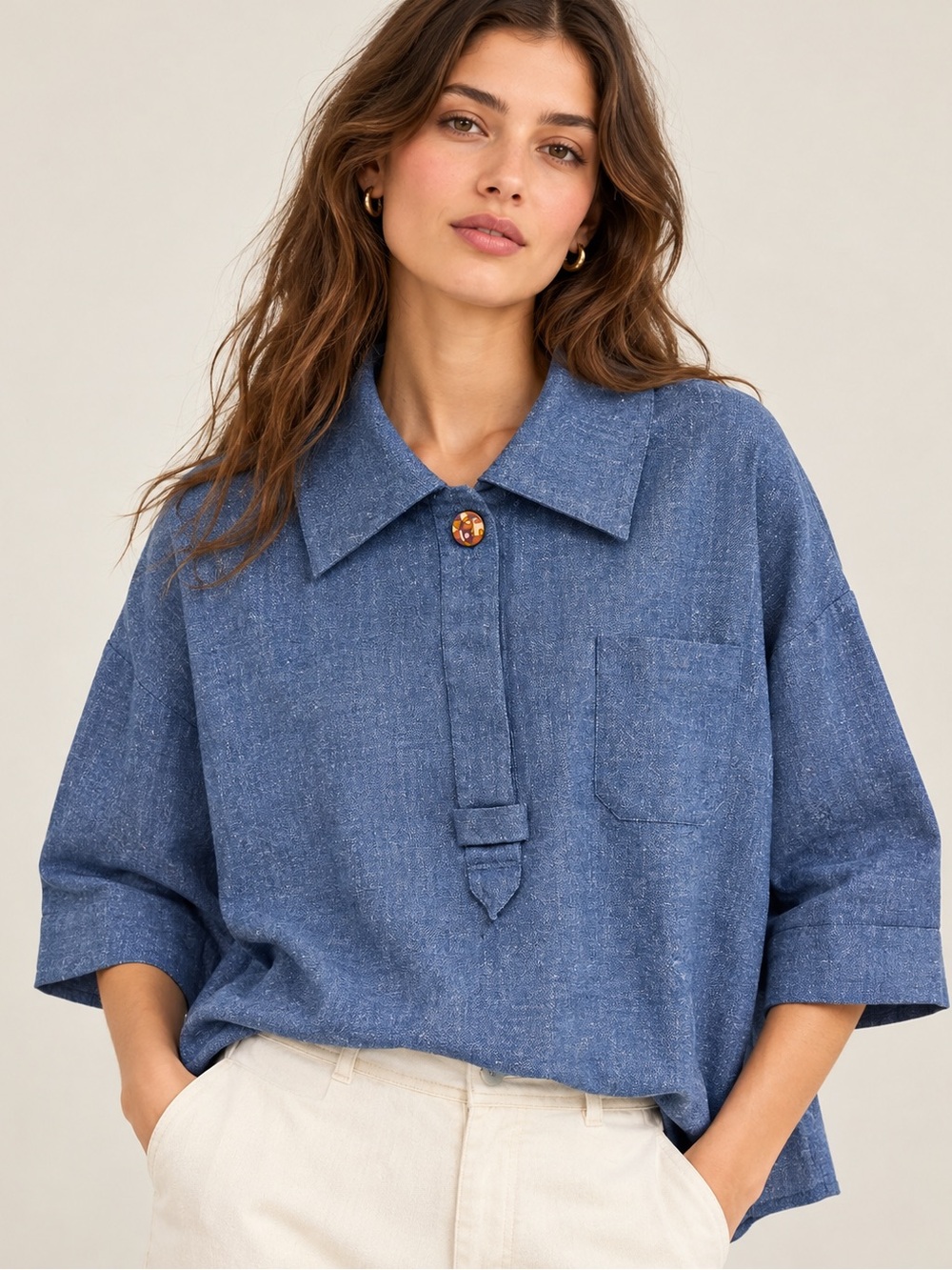 Sessùn Victor Blue Cotton Linen Blend Oversized Collar Blouse, Large